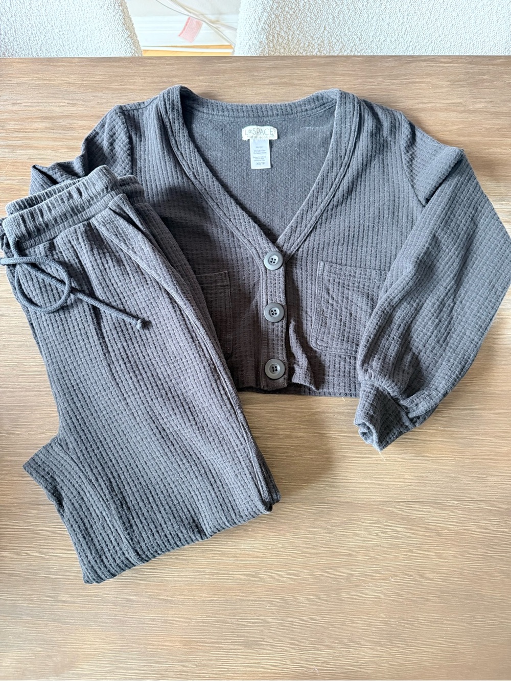 L*Space Cozy Waffle Knit Button Cardigan & Jogger Set - Dark Gray XS